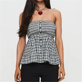Black Plaid Strapless Peplum Top