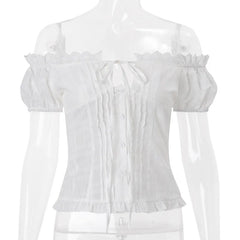 White Lace Up Tie Up Ruffle Top