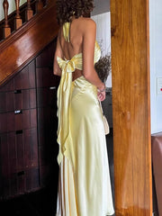 Yellow Satin Back Tie Up Maxi Dress