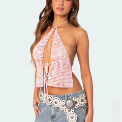 Sequin Knitted Tie Up Top - Backless Casual Tank