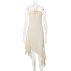 Beige Floral Frill Halter Midi Dress