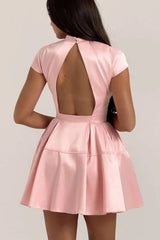 Pink Satin O Neck Cut Back Mini Dress