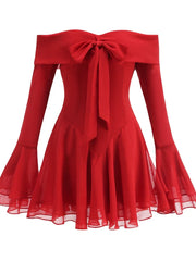Off-shoulder Long Flare Sleeve Bow Mini Dress