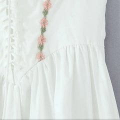 White Embroidery Flower Lapel Bow Halter Midi Dress