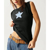 Round Neck Star Patch Tank Top - Cosmic Chic