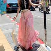 Pink Checkered Long Skirt - Casual A-Line