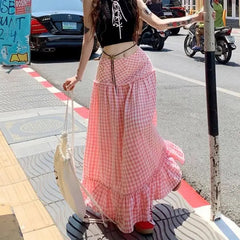 Pink Checkered Long Skirt - Casual A-Line