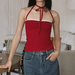 Red Lace Tie Up String Top