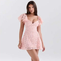 Pink Lace Frill Sleeve Mini Dress