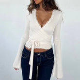 Lace Trim Cross Tie Ballet Wrap Top