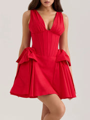 Red V-neck Pleated Mini Dress