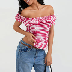 Red Plaid Off Shoulder Ruffles Top