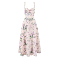 Pink Floral Print Bow Ruched Midi Dress