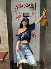 Blue East Cost Off Shoulder Graphic T Shirts