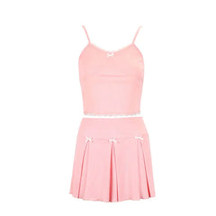 Pink Ribbed Cami Top And Bow Mini Skirt Set