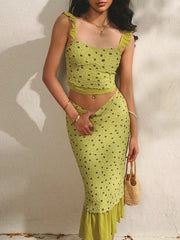 Ruched Floral Crop Top And Midi Skirt Set