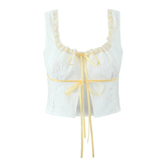 White Ruched Yellow Ribbon Crop Top And Maxi Skirt Set