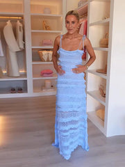 Blue Ruffle Tie Up Strap Long Dress