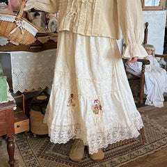 White Embroidery Lace Long Skirt - Sweet A-Line