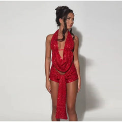 Sequins Deep Neck Halter Tank Top