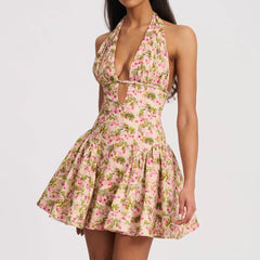 Floral Deep Halter Neck Mini Dress