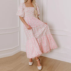 Pink Floral Patchwork Smocked Square Neck Short Puff Sleeve Maxi Dress