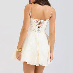 Jacquard Layered Lace Up Cami Mini Dress