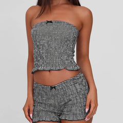 Black Plaid Smocked Tube Top & Shorts Set - Hot Sweet Style