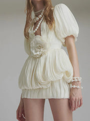 White Solid Spliced Appliqués Puff Mini Dress