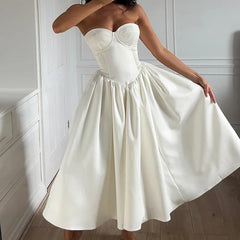 White Strapless Lace Up Midi Dress