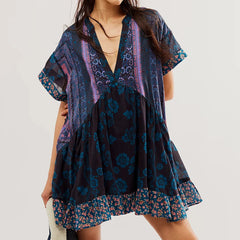 Floral Print Short Sleeve V-Neck Ruffled Hem Loose Mini Dress with Pockets