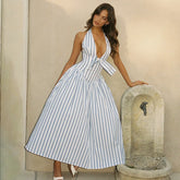 Blue Stripe Deep Neck Maxi Dress