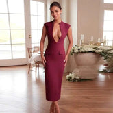 Deep Neck Short Sleeve Solid Midi Dress