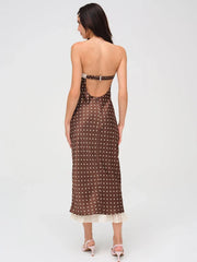 Brown Satin Polka Dot Strapless Midi Dress