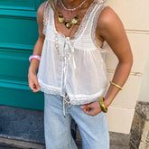 White Peplum Lace Up Tank Top