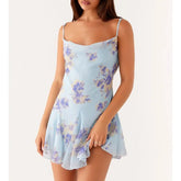 Blue Floral Print Cowl Neck Backless Ruffles Mesh Mini Dress