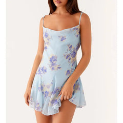 Blue Floral Print Cowl Neck Backless Ruffles Mesh Mini Dress
