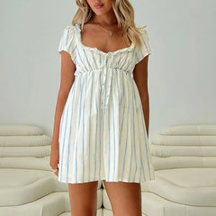 Ruffled Trim Square Neck Short Sleeve A-line Mini Dress