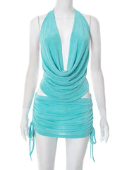 Blue Deep Neck Cowl Neck Crop Top And Rucked Drawstring Skirt Set