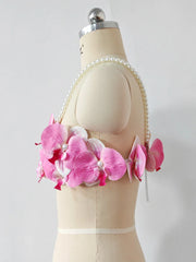 Pink 3D Orchid Pearl Strap Crop Top - Solid Jersey Cami