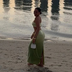 Green Ombré Starfish Sequin Bralette And Maxi Skirt Set