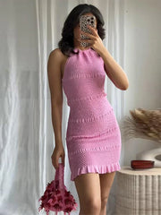 Pink Knitted Ruffles Mini Dress