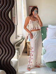 White Flower Embroidery Tank Top And Pants Sets