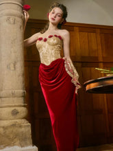 Red Drape Flower Corset Strapless Midi Dress