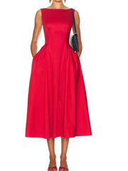 Solid Round Neck Waist A-line Sleeveless Midi Dress