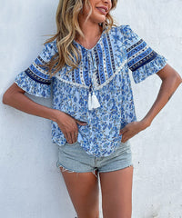Tassel Tie Neck Floral Print Lace Trim Blouse
