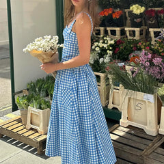 Blue Plaid Ribbon Lace Up Strap Midi Dress