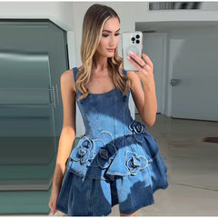 3D Flower Denim Mini Dress