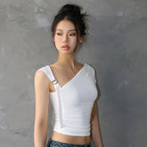 Asymmetric Strap Buckle Sleeve Crop Top