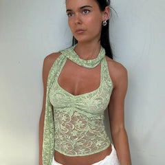 Green Lace Crop Scarf Top